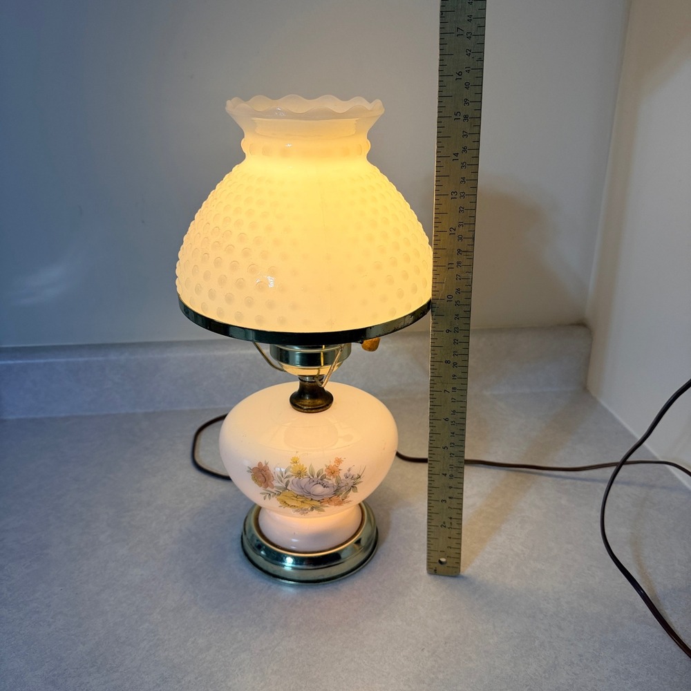 Vintage Milk Glass Hobnail Hurricane Lamp Floral Base‎ Dual Light 15 Inch - Picture 5 of 8